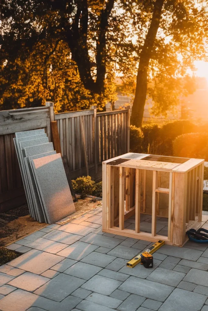 Small backyard kitchen DIY build with cedar frame and granite remnant on a budget