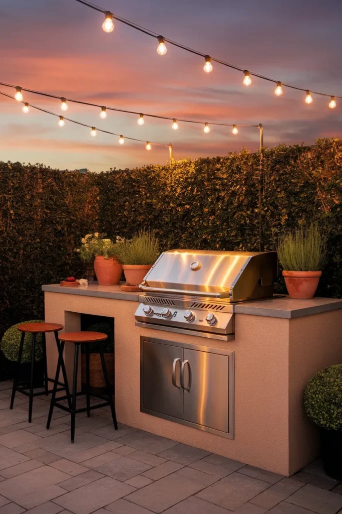 Small backyard kitchen at dusk with warm string lights over the grill counter