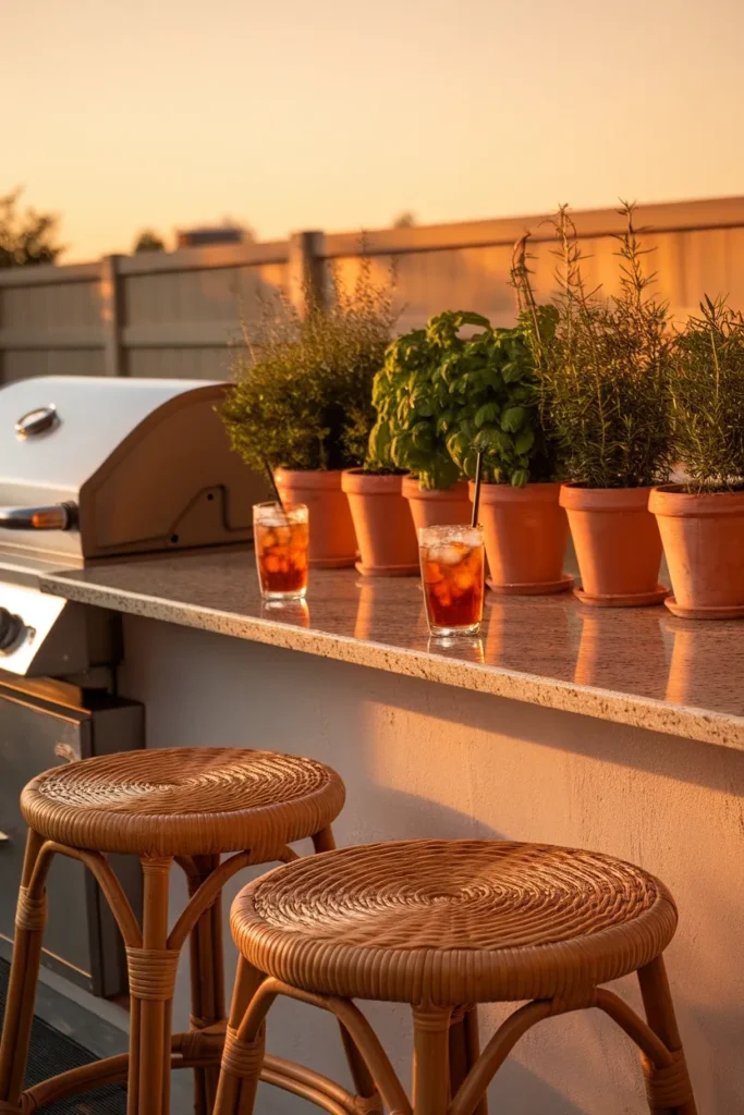 Small backyard kitchen bar seating with stools, iced tea and potted herbs