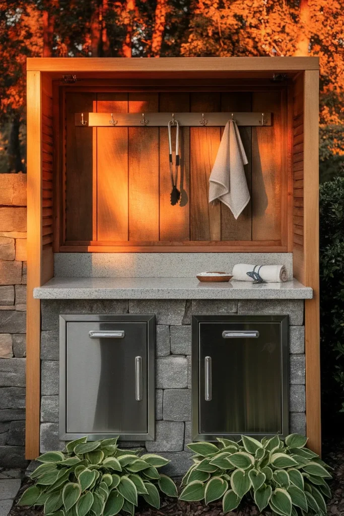 Small backyard kitchen counter with granite top, stainless doors and tool hooks