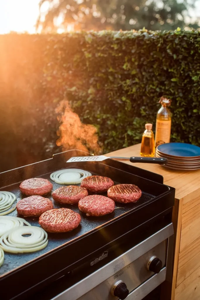Small backyard kitchen flat top griddle searing burgers on a compact patio
