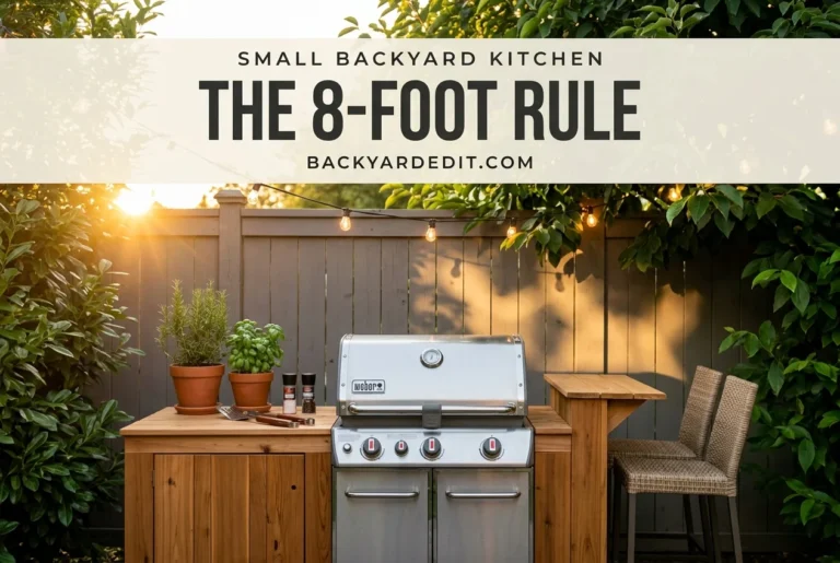 Small backyard kitchen pin with a golden hour grill counter and the 8-foot rule overlay