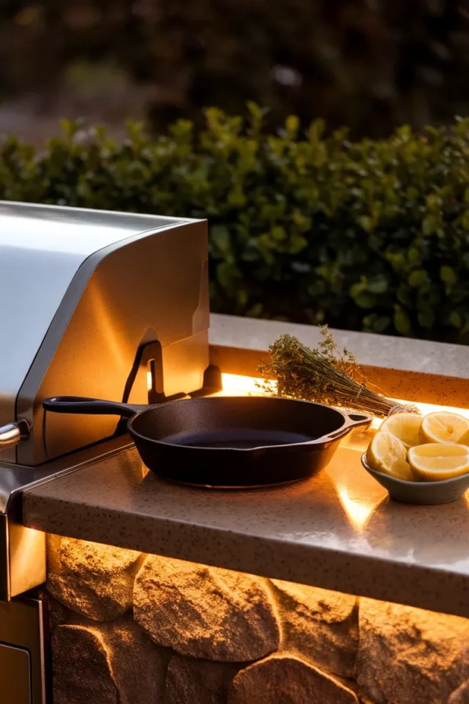 Small backyard kitchen prep counter with skillet and herbs beside a stainless grill