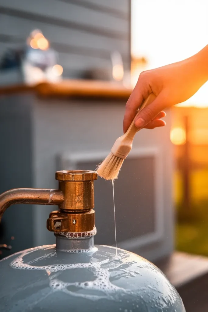 Small backyard kitchen propane safety check using a soapy water leak test