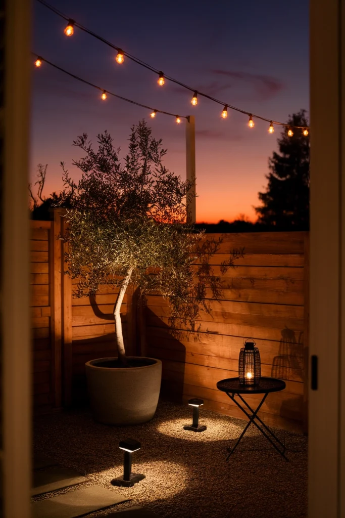 Small backyard oasis at dusk with layered string lights, solar path lights and an uplight