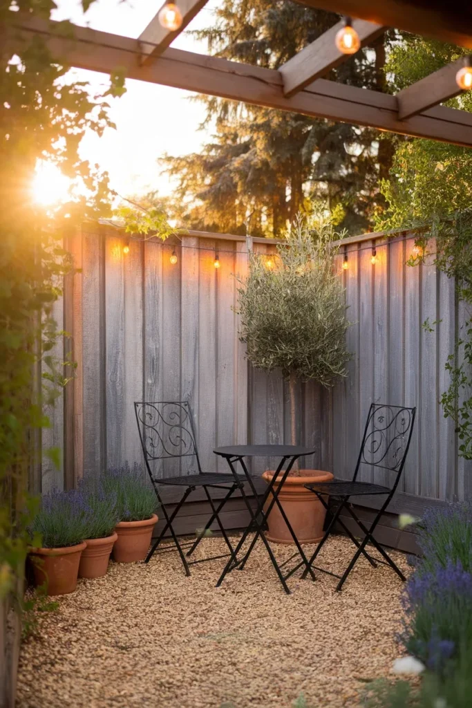 Small backyard oasis corner with gravel floor, bistro set and warm string lights at sunset