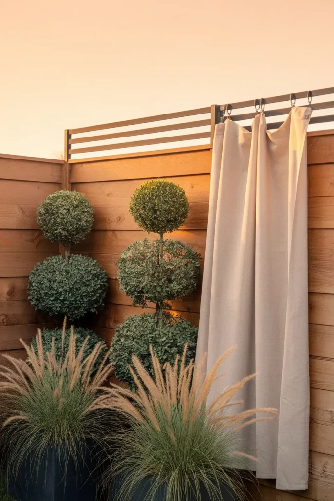 Small backyard oasis privacy screen using drop cloth curtains and layered potted plants