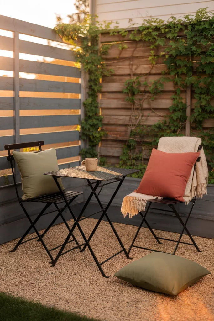 Small backyard oasis seating with a bistro set, outdoor pillows and a cozy throw