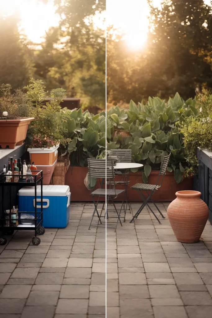 Small backyard patio ideas comparison showing crowded versus one-third clear floor