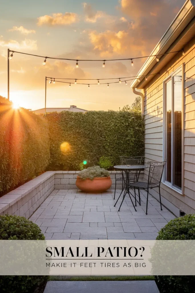 Small backyard patio ideas pin showing a golden hour paver patio with string lights