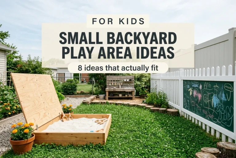 Small backyard play area for kids with cedar sandbox, chalkboard fence, and clover lawn