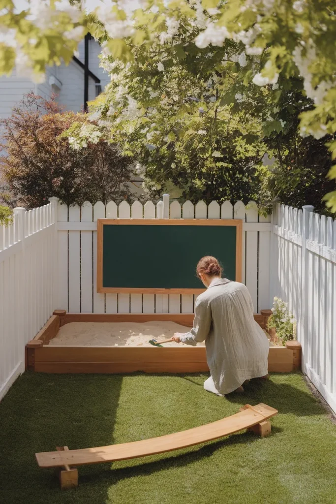 Small backyard play area for kids with cedar sandbox, chalkboard fence, and clover lawn
