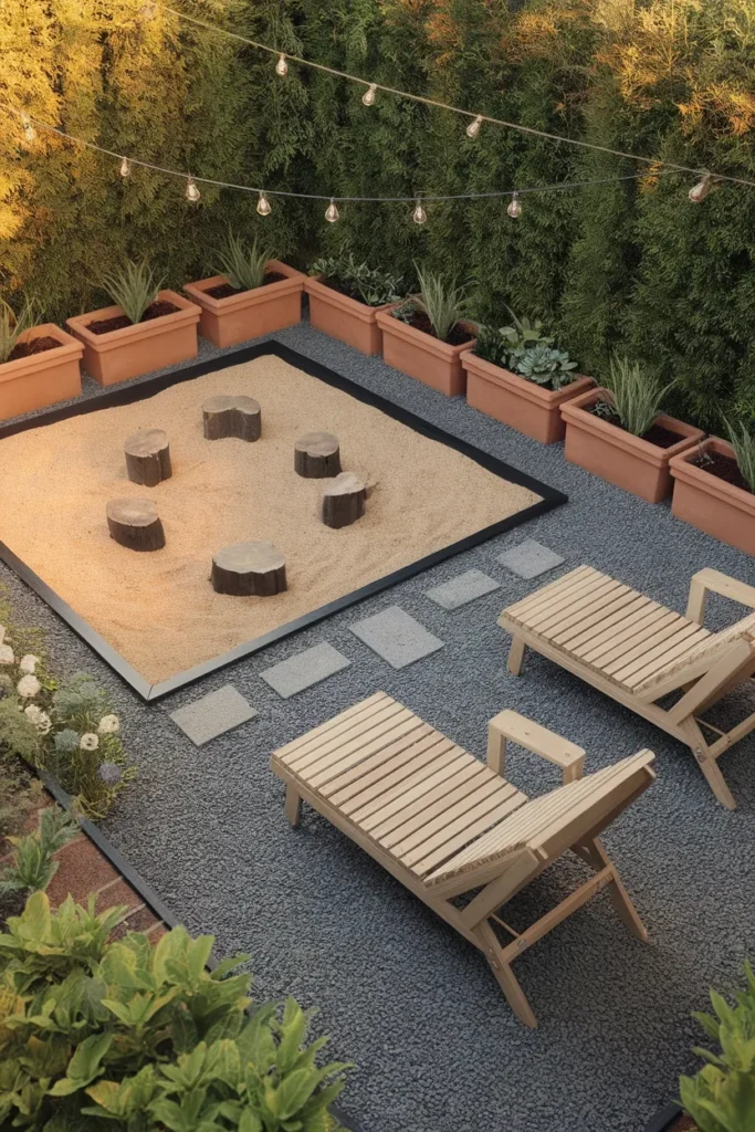 Small backyard play area for kids zoned beside an adult seating corner with edging