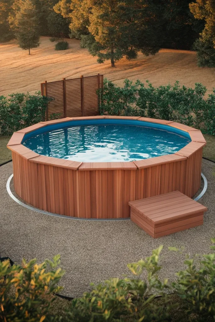 Small backyard pool ideas above ground pool sunk and wrapped in cedar skirting