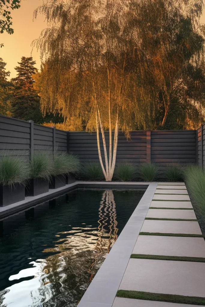 Small backyard pool ideas dark finish pool with continuous pavers and black fence