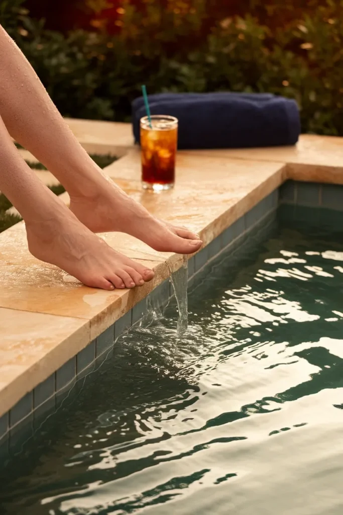 Small backyard pool ideas feet dangling over the coping of a compact plunge pool