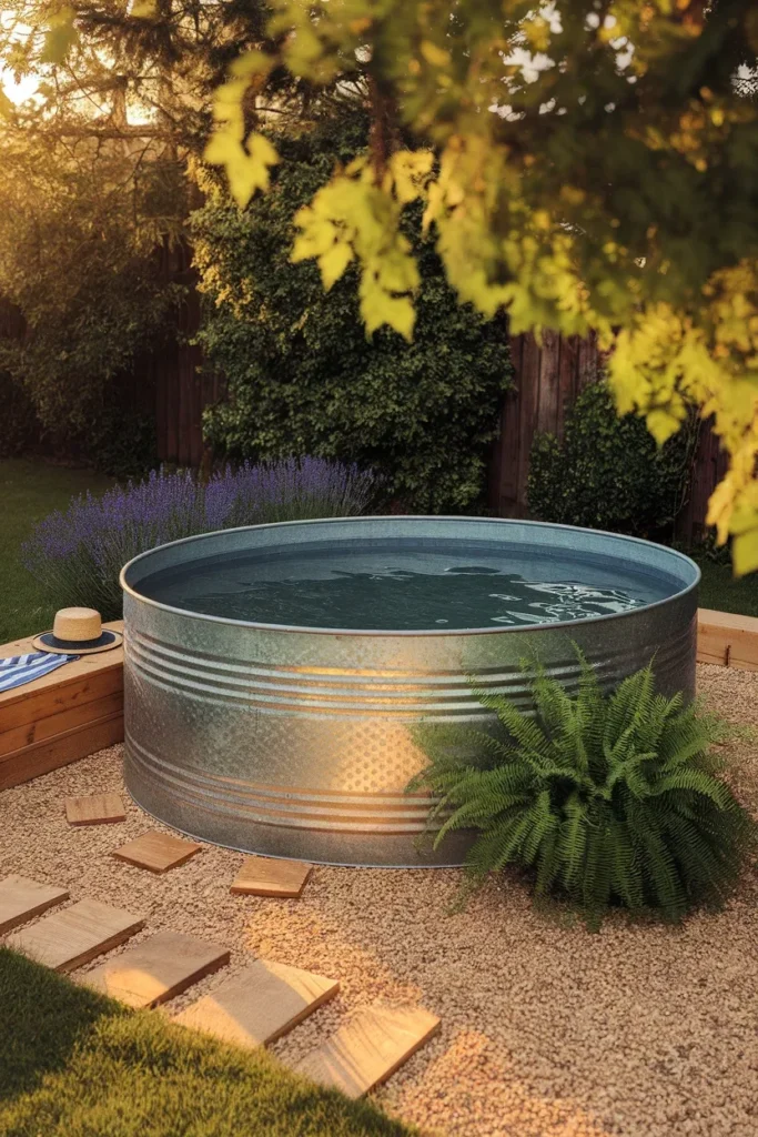 Small backyard pool ideas galvanized stock tank pool with a cedar bench surround
