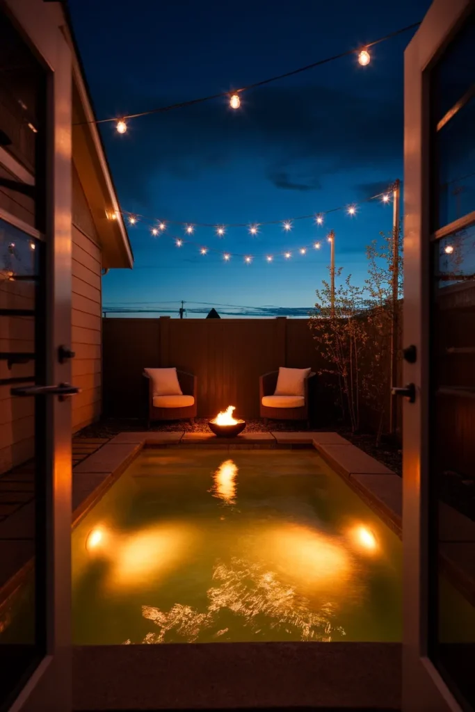 Small backyard pool ideas lit plunge pool with string lights and a fire bowl at dusk