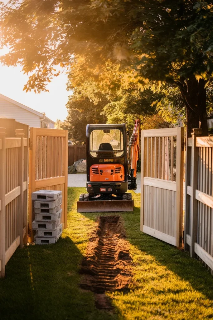 Small backyard pool ideas mini excavator squeezing through a narrow side yard gate