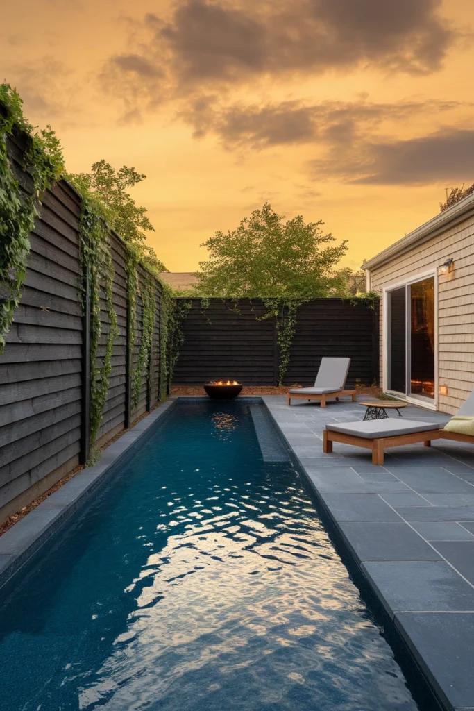 Small backyard pool ideas narrow plunge pool offset along a fence with a wide deck