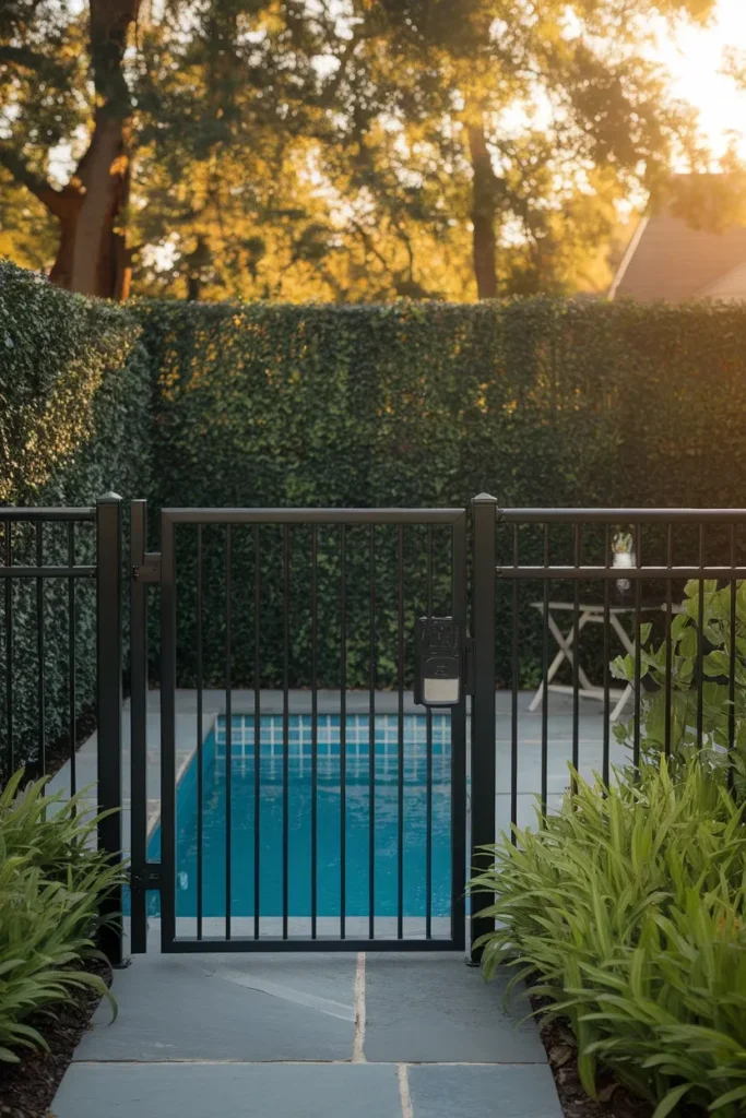 Small backyard pool ideas slim black safety fence and self-latching gate at a pool
