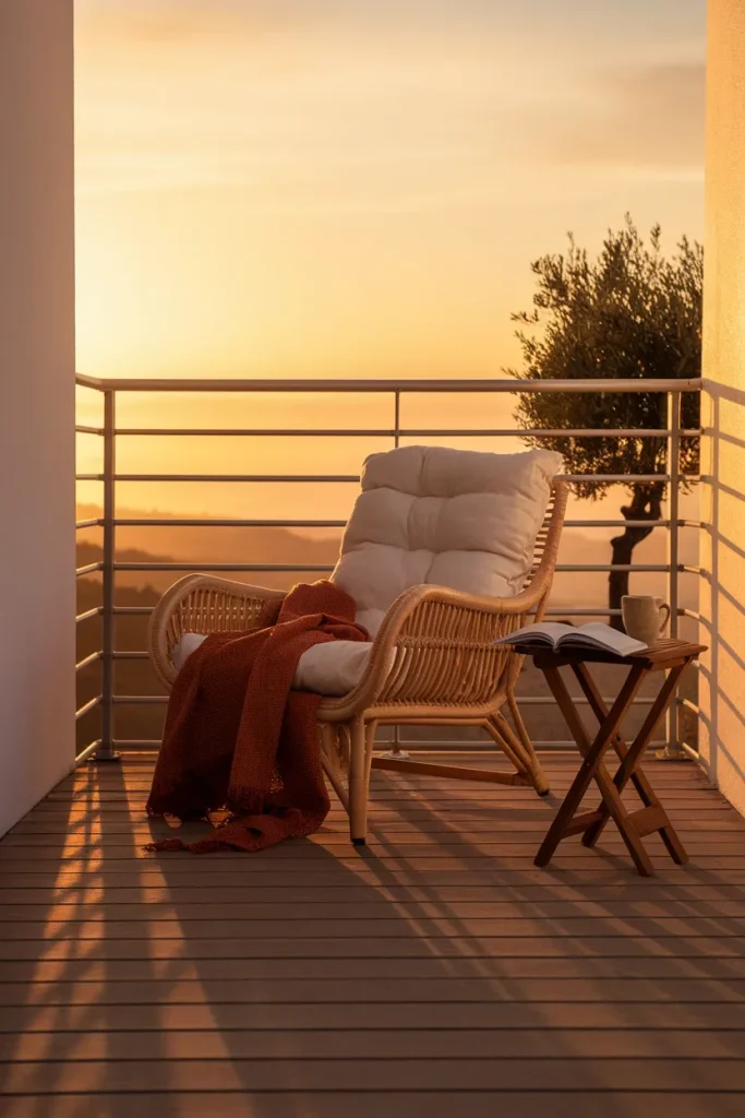 Small balcony ideas with one rattan lounge chair and folding side table in a cozy corner