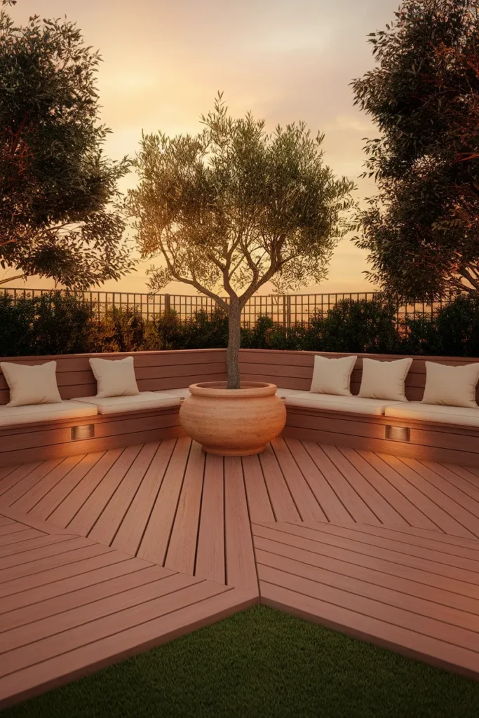 Small deck ideas with diagonal boards and built-in perimeter bench seating