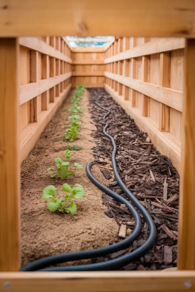 Soaker hose in a raised garden bed along fence for even watering in summer