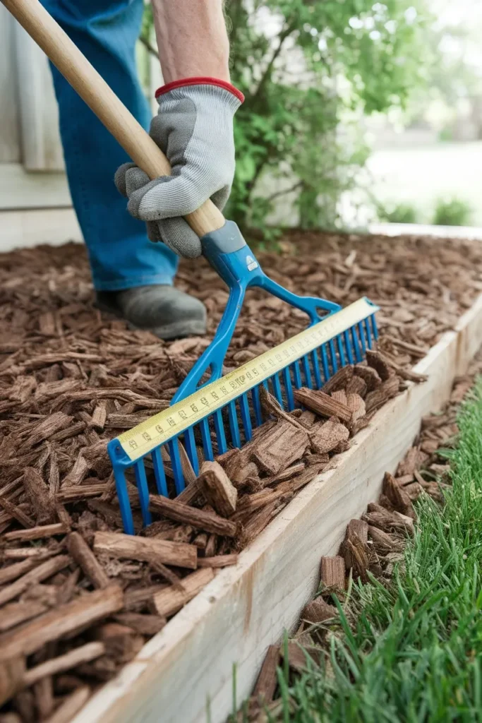 Spreading wood mulch to safe depth in a small backyard kids play area