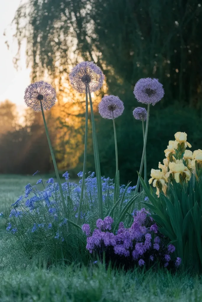Spring cottage garden flowers with purple alliums, forget-me-nots and bearded iris