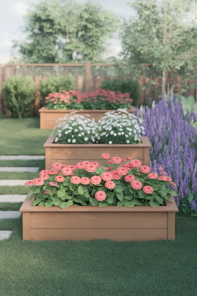 Staggered cedar planter boxes creating a layered raised bed flower garden
