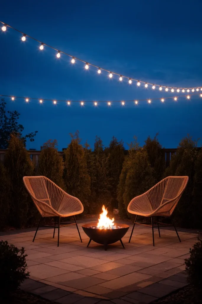 String lights and a small fire pit give a small backyard patio a warm ceiling