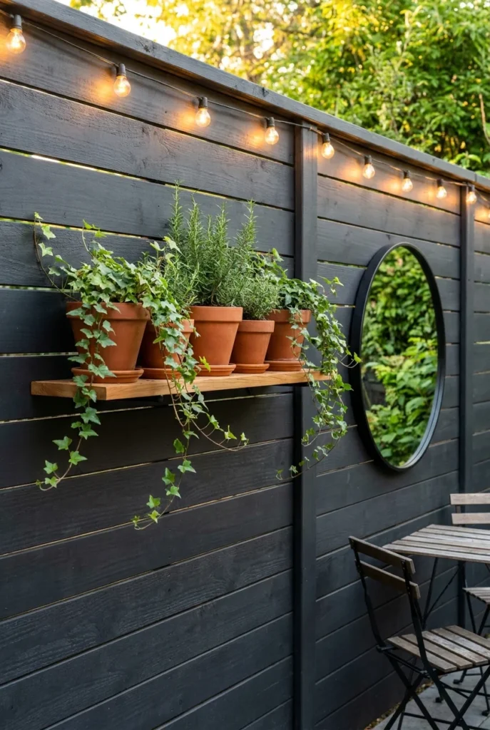 Styled fence wall with cedar shelf, terracotta pots and warm string lights after a makeover