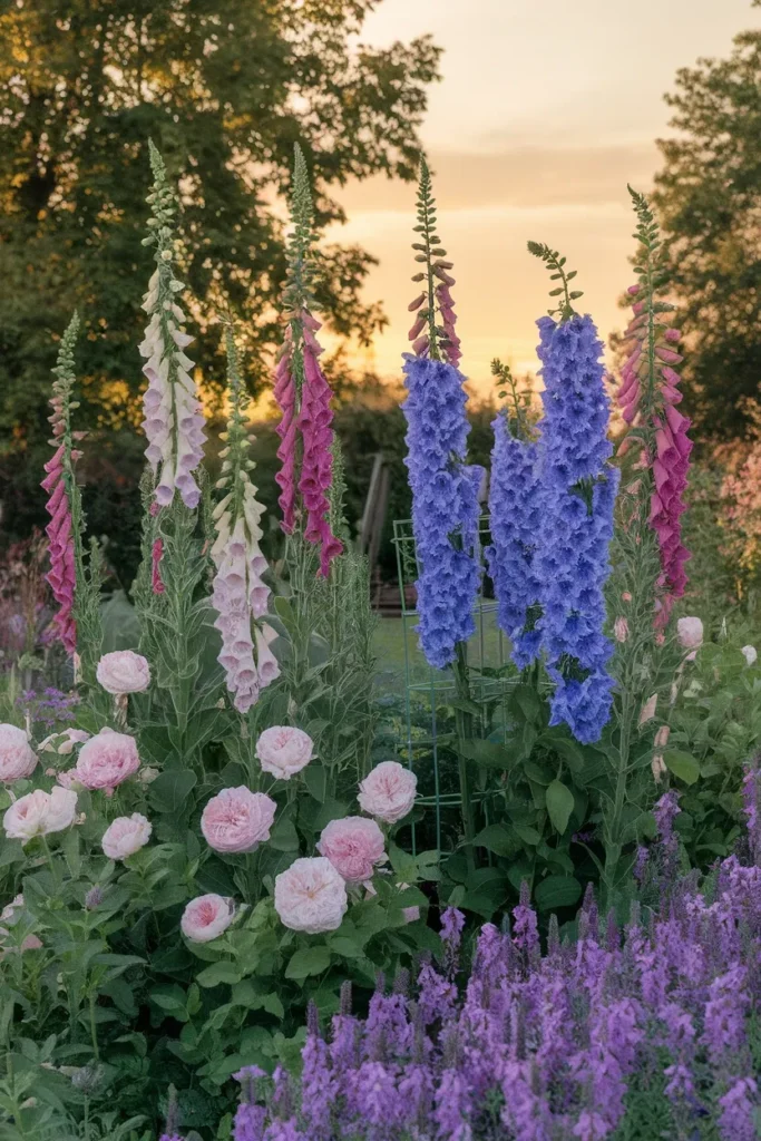 Summer cottage garden flowers with foxglove spires, blue delphinium and shrub roses