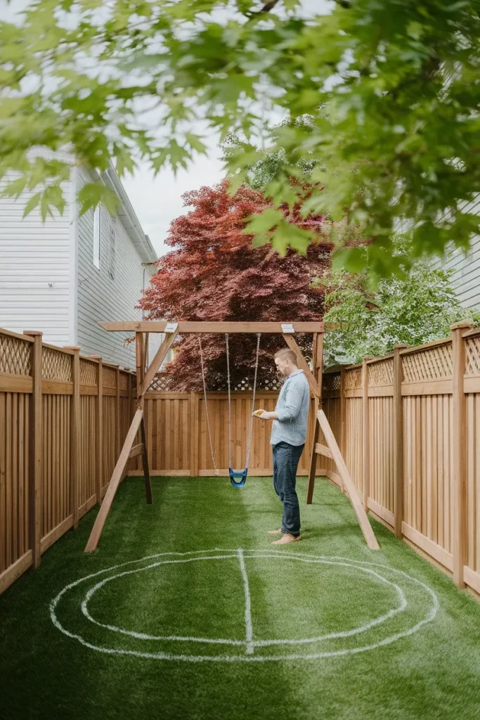 Swing set clearance marked out in a small backyard play area for kids