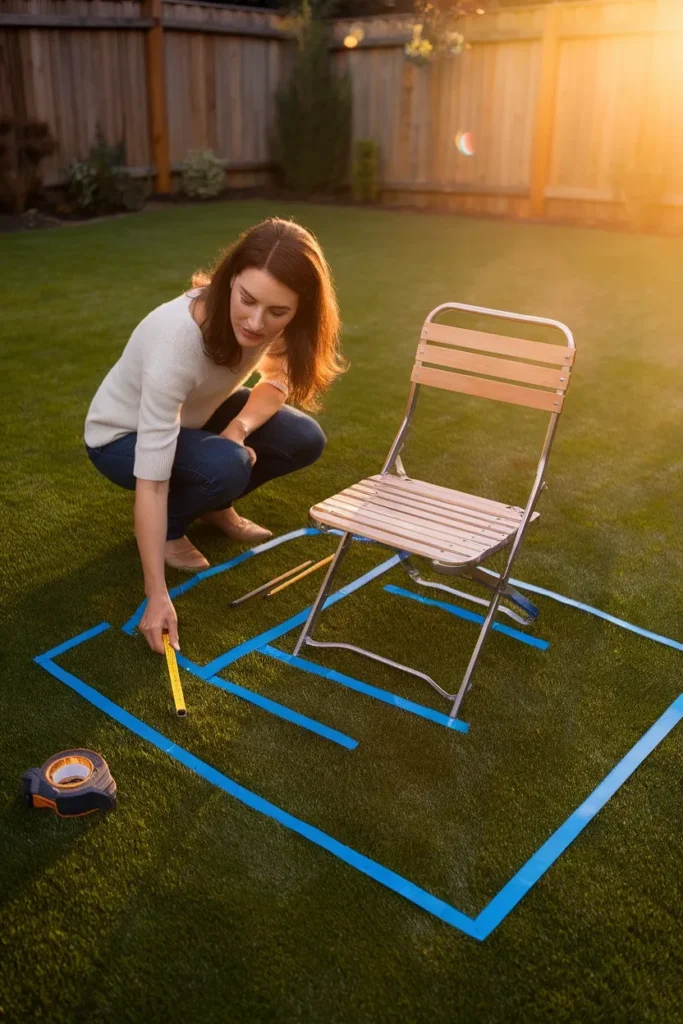 Taping out a small backyard deck footprint on the lawn before building