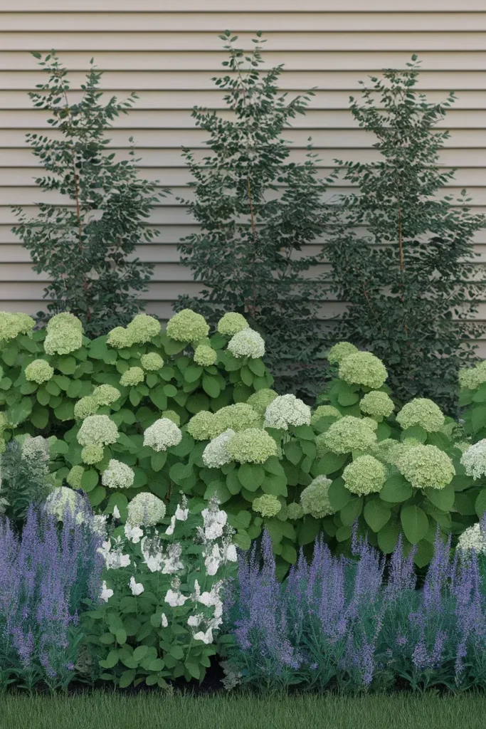 Three layer front yard planting for curb appeal with evergreens, hydrangeas and perennials