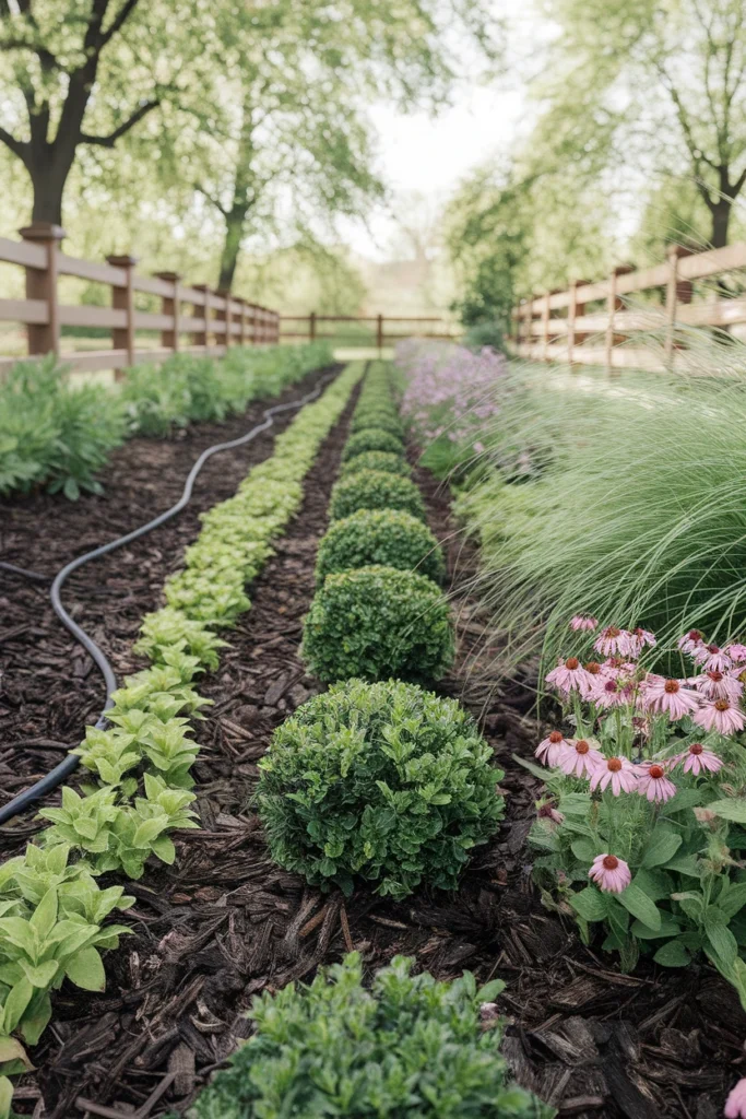 Tough beginner plants for a new build garden including boxwood, grasses, and coneflower