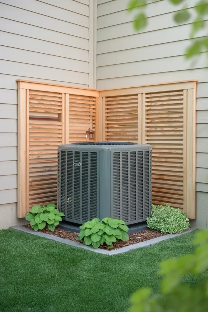Ugly backyard makeover cheap AC unit screen built from cedar slats