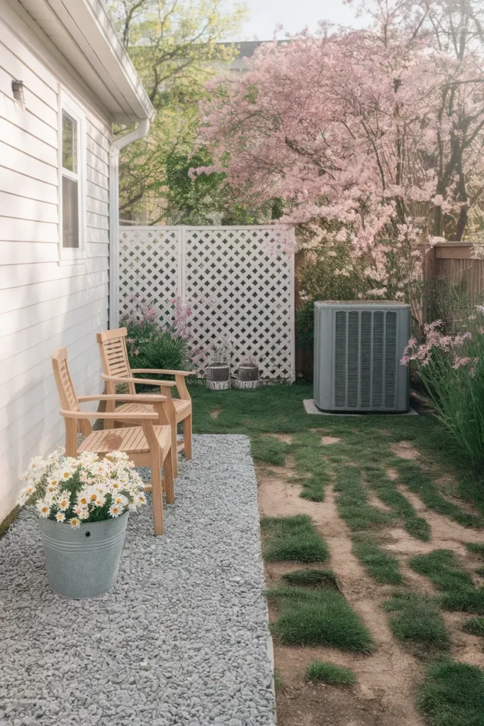 Ugly backyard makeover cheap fix with pea gravel seating area and lattice screen