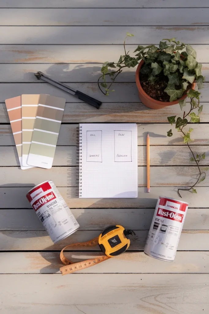Ugly backyard makeover cheap planning flat lay with notebook and spray paint