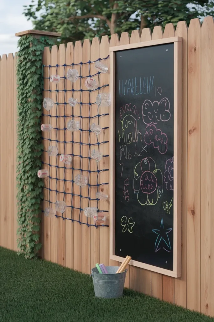 Vertical fence play wall in a small backyard play area for kids with chalkboard and water wall