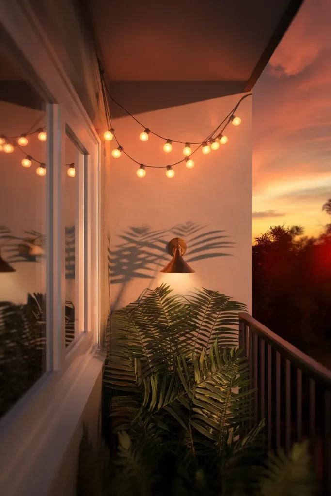 Warm string lights and a sconce lighting balcony wall decor at eye level after sunset