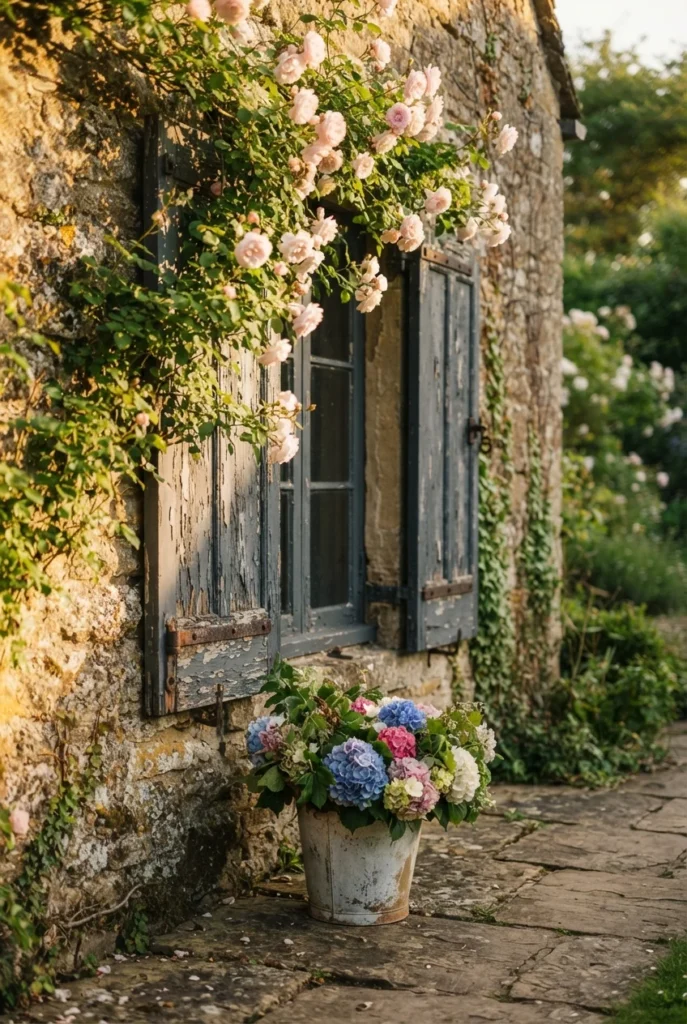 Weathered blue shutters and zinc bucket against a stone wall in a French cottage garden