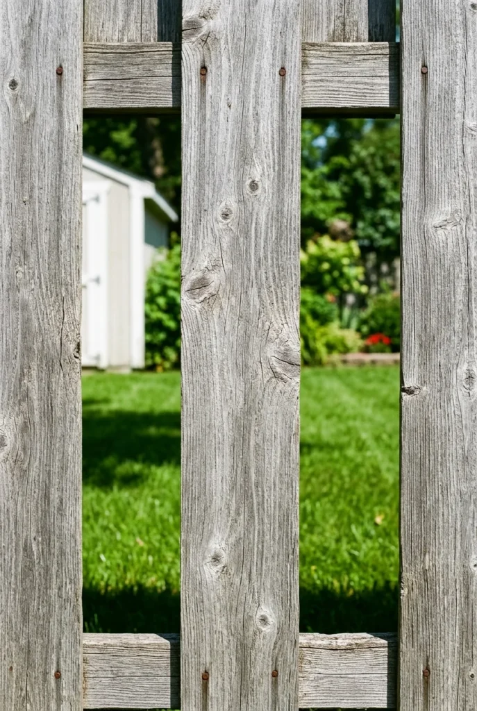 Weathered gray fence boards with a gap under the bottom rail leaking the neighbor's yard