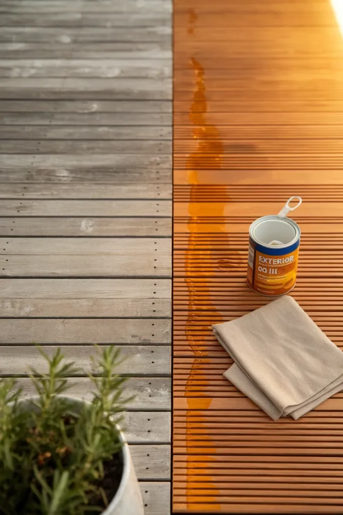 Weathered gray wood balcony flooring beside freshly oiled acacia deck tiles