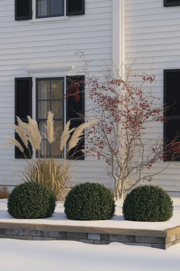 Winter garden ideas front of house with boxwood, grasses and red winterberry