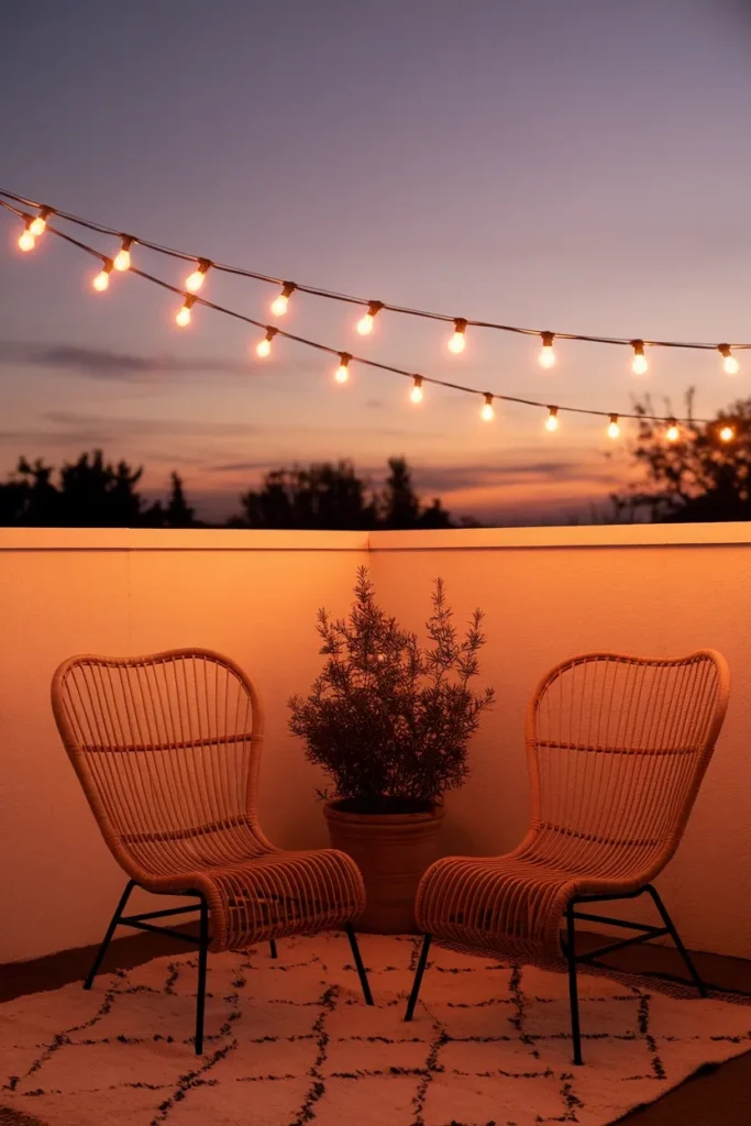 Zigzag string lights over a renter friendly backyard makeover patio at golden hour