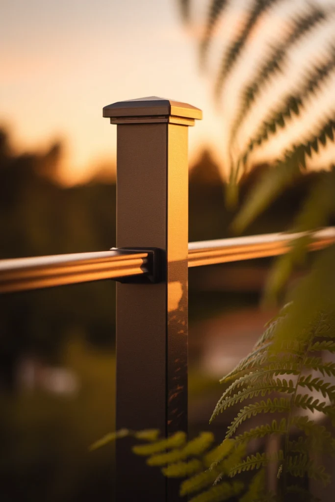 Modern balcony railing detail showing slim matte black post and thin top cap