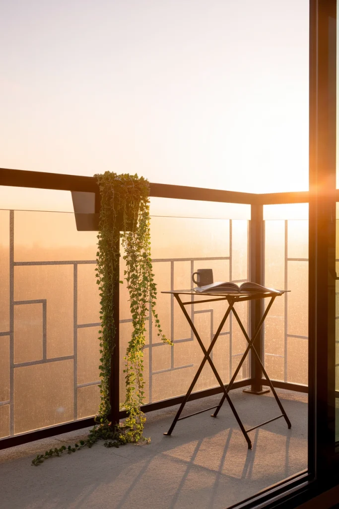 Glass balcony railing with slim top cap catching warm sunset light
